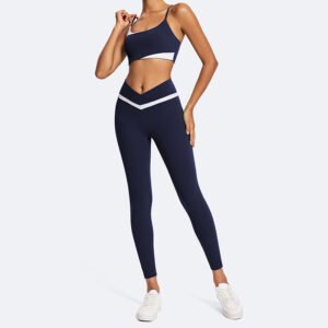 Woman wearing a brown crossover waist yoga legging set with sports bra