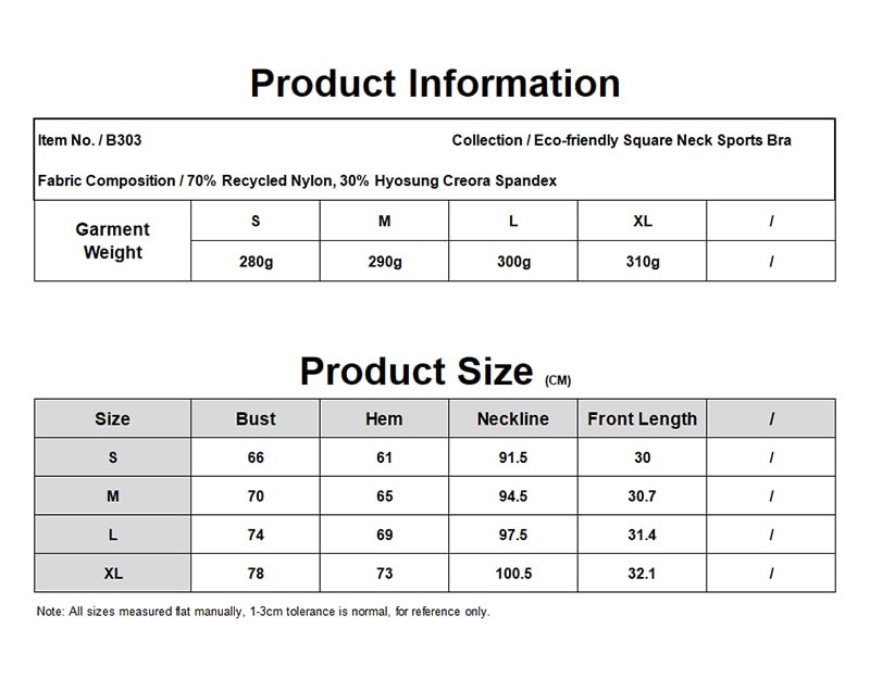 Size chart and fabric info for eco-friendly square neck sports bra