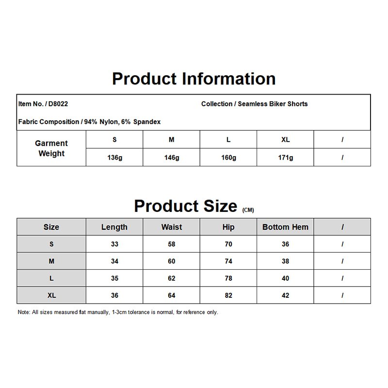 Size chart and fabric specs for high waisted seamless biker shorts