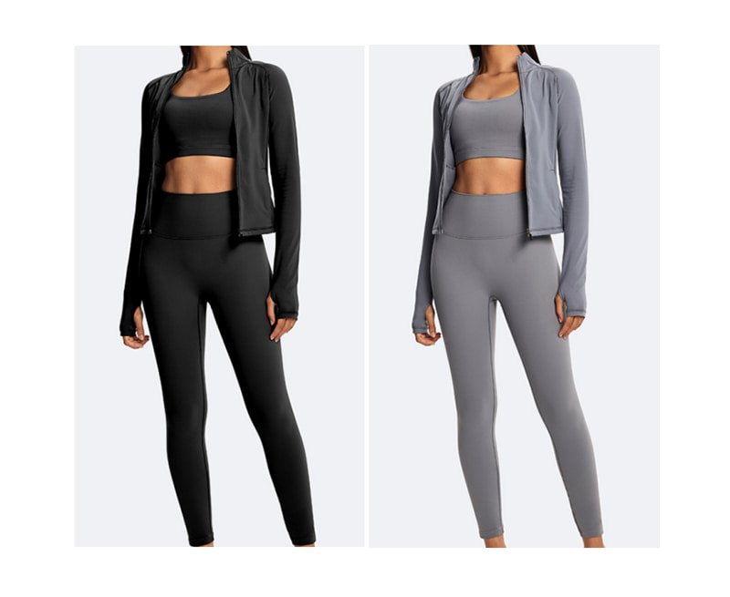 Color options of 3 piece eco-friendly activewear set in black and grey