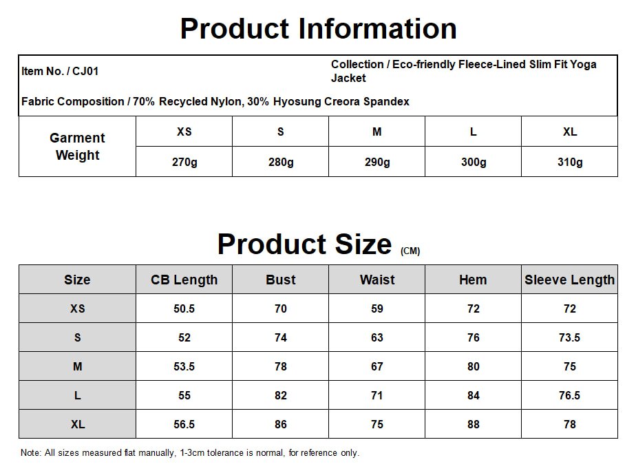 Product specification table for fleece-lined slim fit yoga jacket