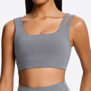 Woman wearing a sustainable eco-friendly square neck sports bra in grey