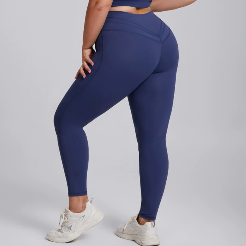 Wholesale Plus Size Triple V-Seam Butt Lifting Leggings F207 5 Plus size model wearing high waist plus size triple v-seam leggings in mocha brown