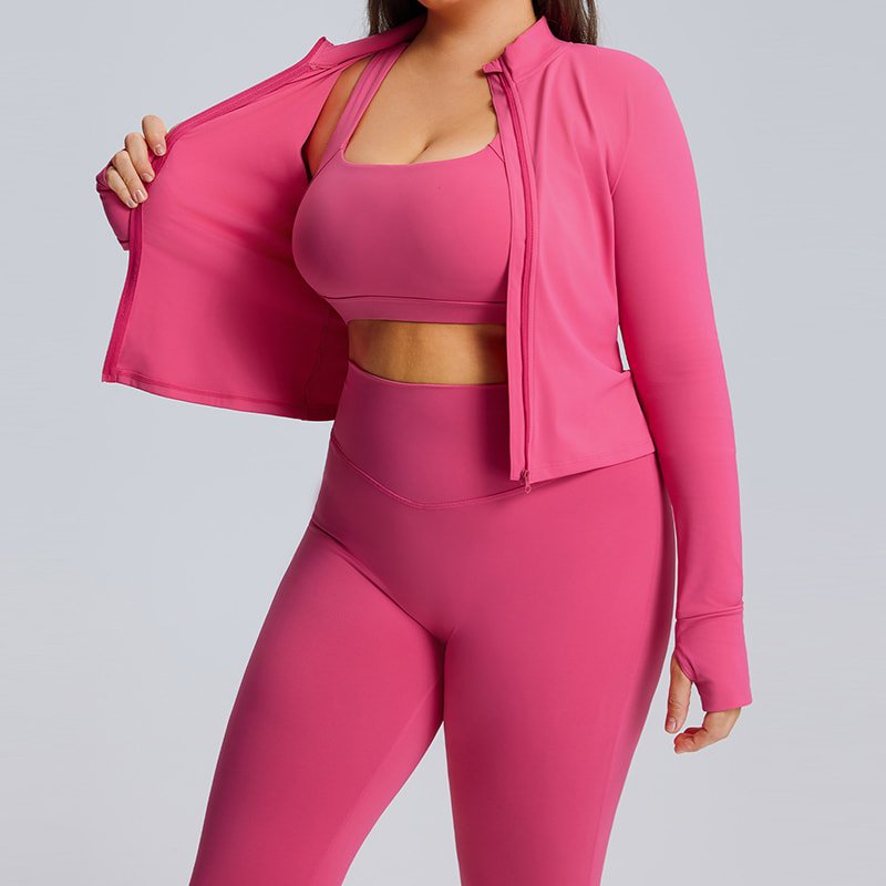 Wholesale Plus Size 3-Piece Yoga Workout Set with Jacket F213 F215 F216 6 Plus size stand collar zip yoga jacket with thumbhole cuffs
