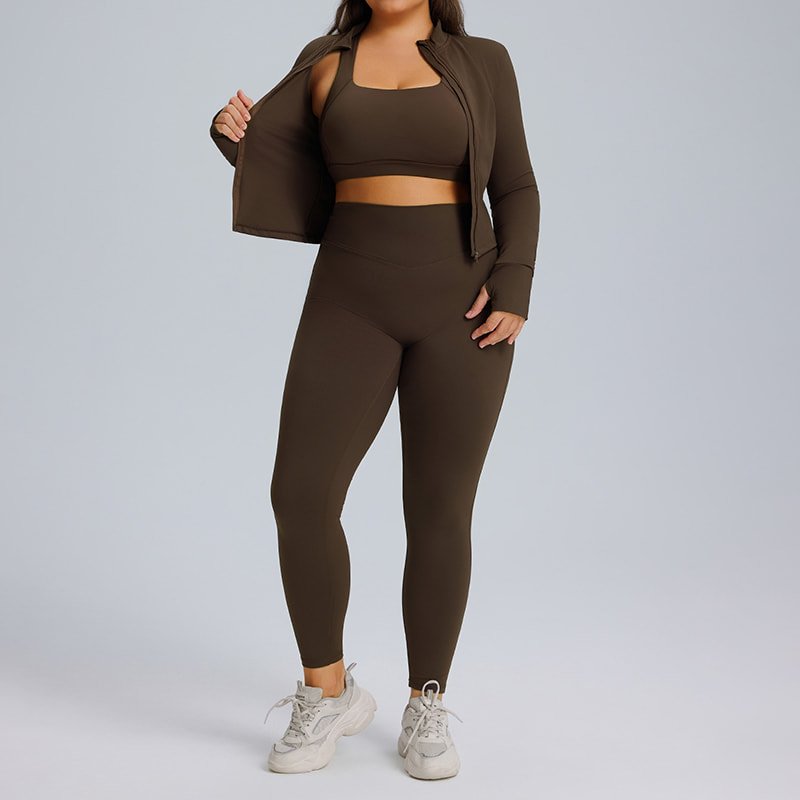 Wholesale Plus Size 3-Piece Yoga Workout Set with Jacket F213 F215 F216 1 Plus size 3-piece yoga workout set with dark brown jacket