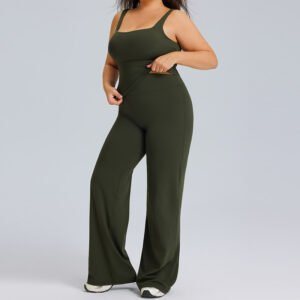 Plus size model wearing burgundy plus size square neck wide leg yoga set