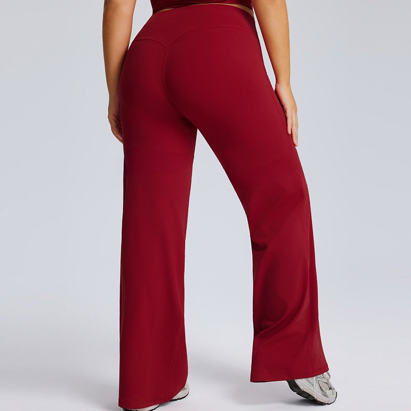 Wholesale Plus Size High Waisted Straight Leg Yoga Pants F245 1 Back view of burgundy plus size straight leg yoga pants on model