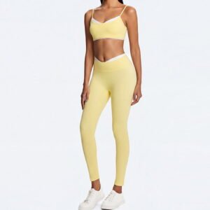 Woman wearing an eco-friendly contrast trim yoga legging set during workout
