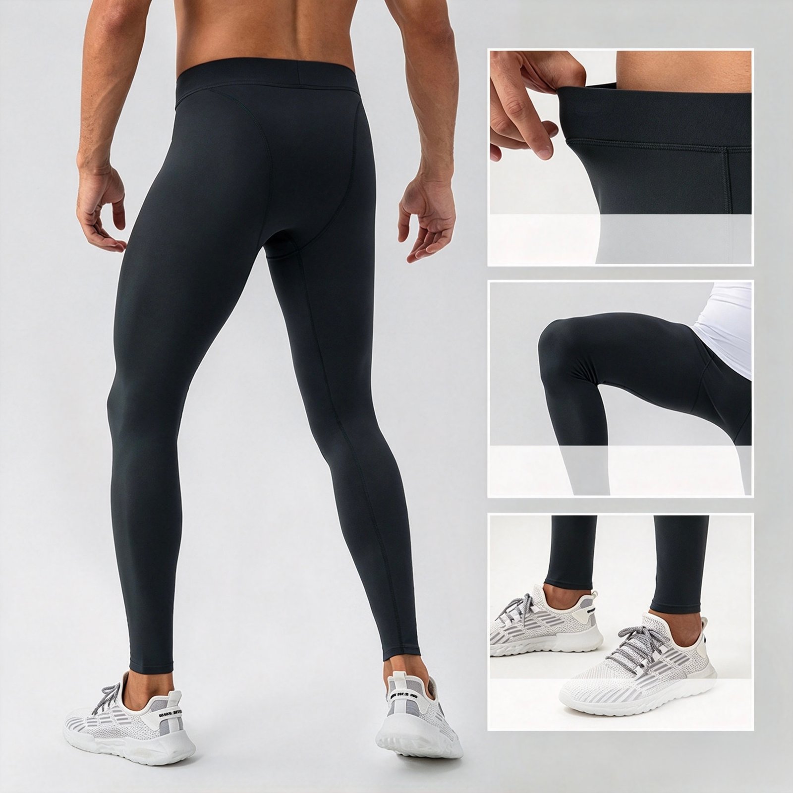 Custom Breathable Nude-Feel Men's Fitness Yoga Tights N31342 7 Detail features of men's nude-feel yoga tights with snug waistband