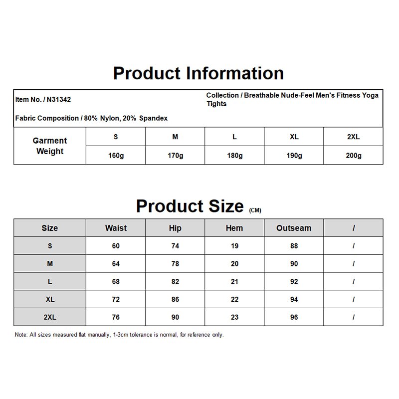 Custom Breathable Nude-Feel Men's Fitness Yoga Tights N31342 11 Size chart and weight specifications for men's nude-feel yoga tights
