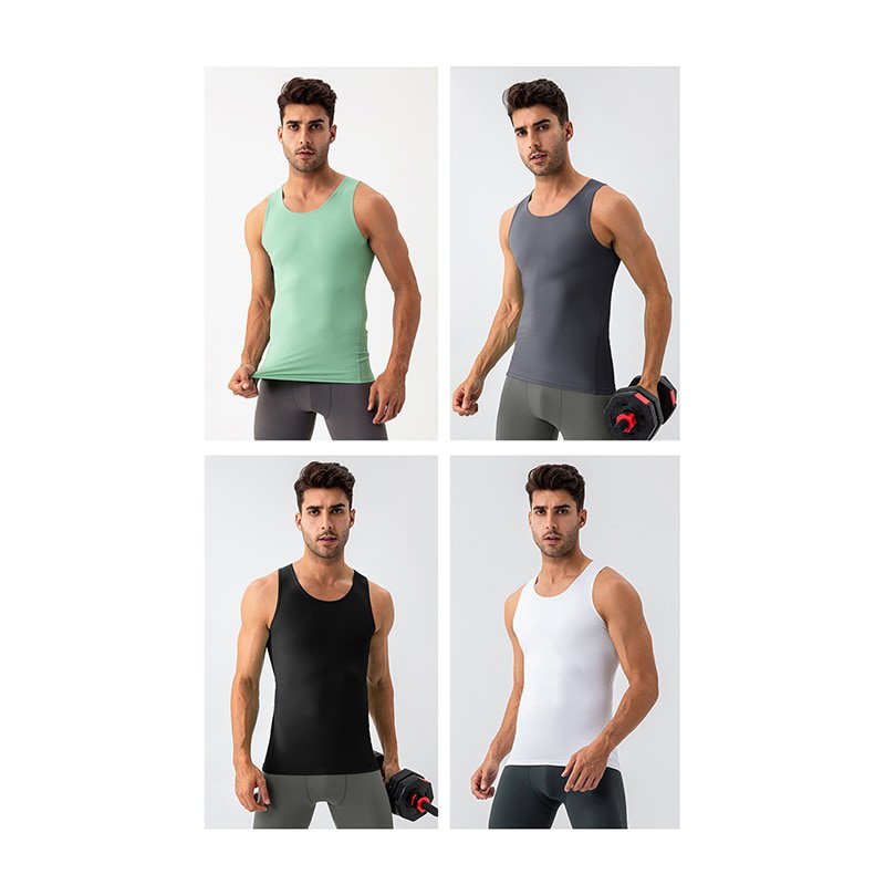 Men's lightweight nude-feel yoga tank top available in green, charcoal, black, and white