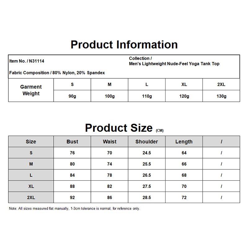 Size chart and product information for men's lightweight nude-feel yoga tank top