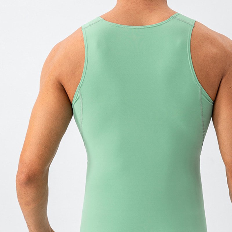 Back view of men's lightweight nude-feel yoga tank top featuring breathable cutout design