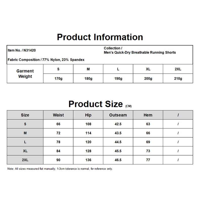 Custom Men's Quick-Dry Breathable Running Shorts N31420 13 Size chart for custom men's quick-dry breathable running shorts wholesale