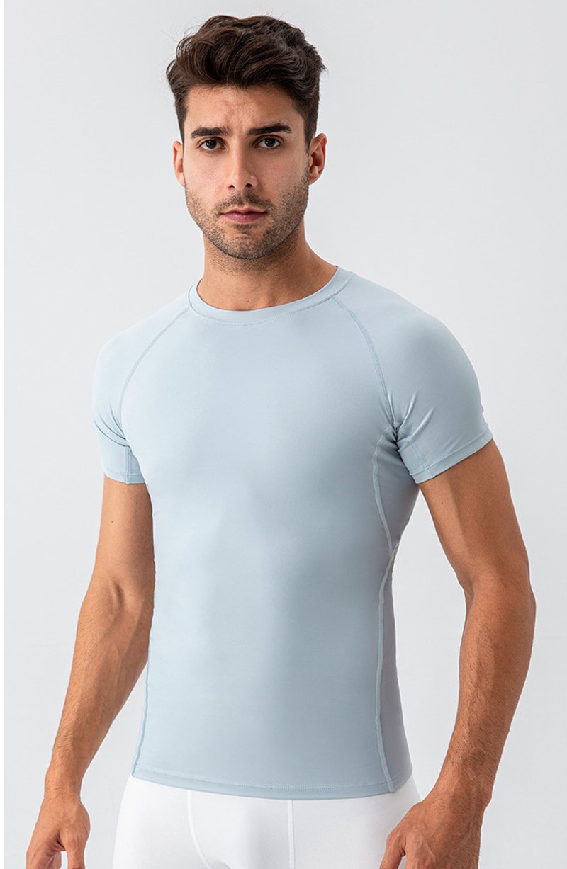 Durable flatlock seam detail on a men's slim fit yoga t-shirt