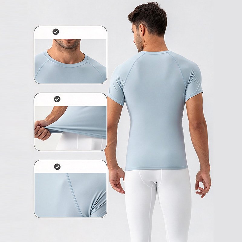 Model wearing a men's slim fit yoga t-shirt for muscle support