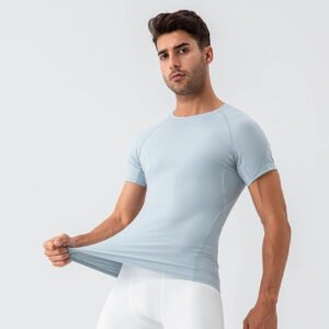 Model wearing a men's slim fit yoga t-shirt for fitness workout