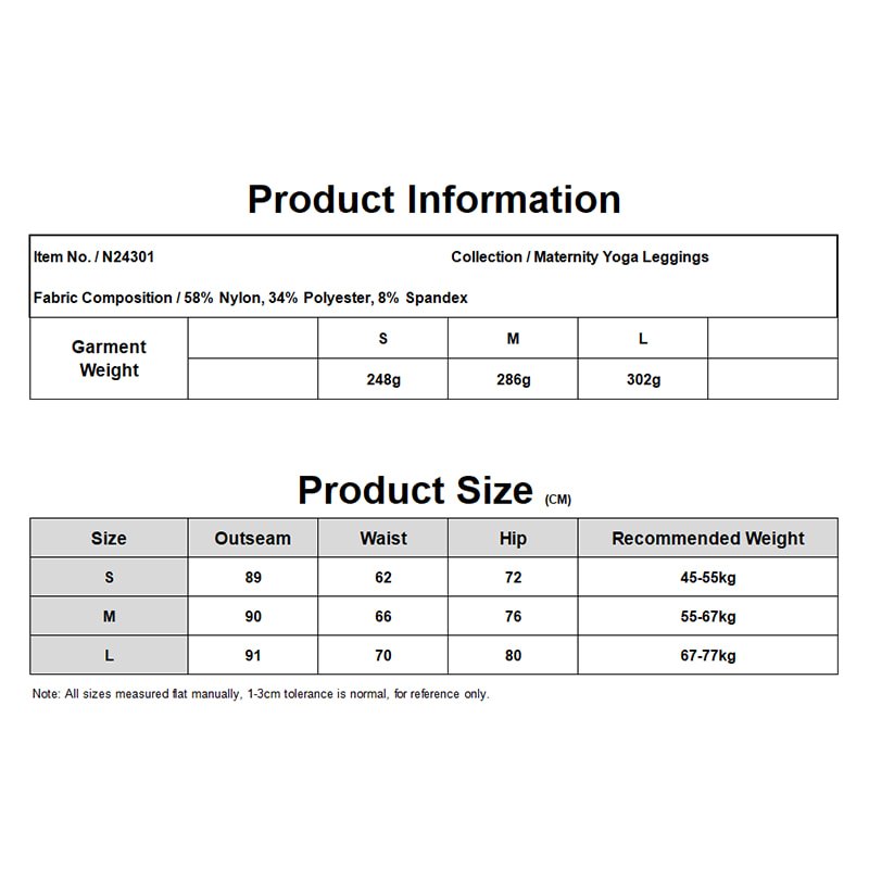 B2B Supplier High Waist Seamless Maternity Yoga Leggings N24301 9 Fabric composition and size chart for seamless maternity yoga leggings