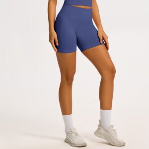 Women wearing blue high waisted seamless biker shorts for gym workout