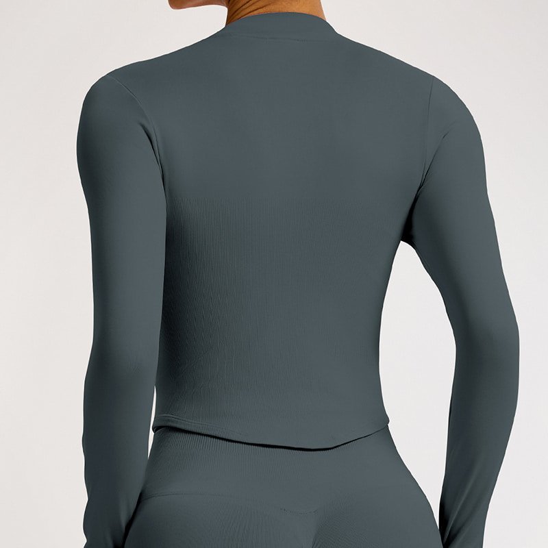 Custom Seamless Full Zip Yoga Jacket with Thumb Holes W8022 11 Back view of a seamless full zip yoga jacket showing smooth texture