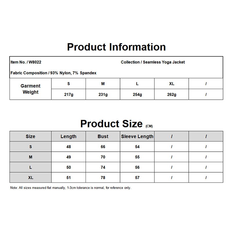 Custom Seamless Full Zip Yoga Jacket with Thumb Holes W8022 12 Size chart and specifications for the seamless full zip yoga jacket