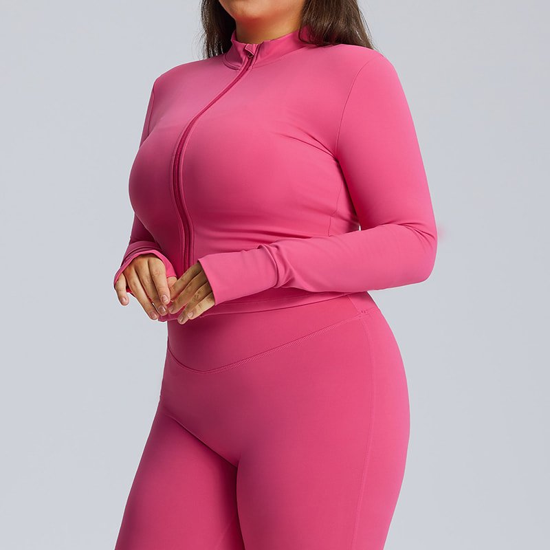 Wholesale Plus Size Stand Collar Zip Yoga Jacket F216 5 Plus size stand collar zip yoga jacket with thumbhole cuffs